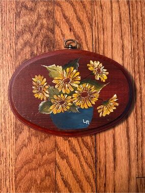 Vintage Hand-painted Floral Plaque, Sunflowers, Wooden Oval